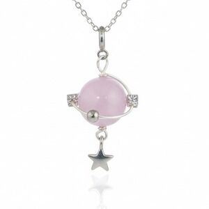 Pink Kunzite Planet Star Necklace Crystal Charm Silver Tone Chain Dainty Pendant